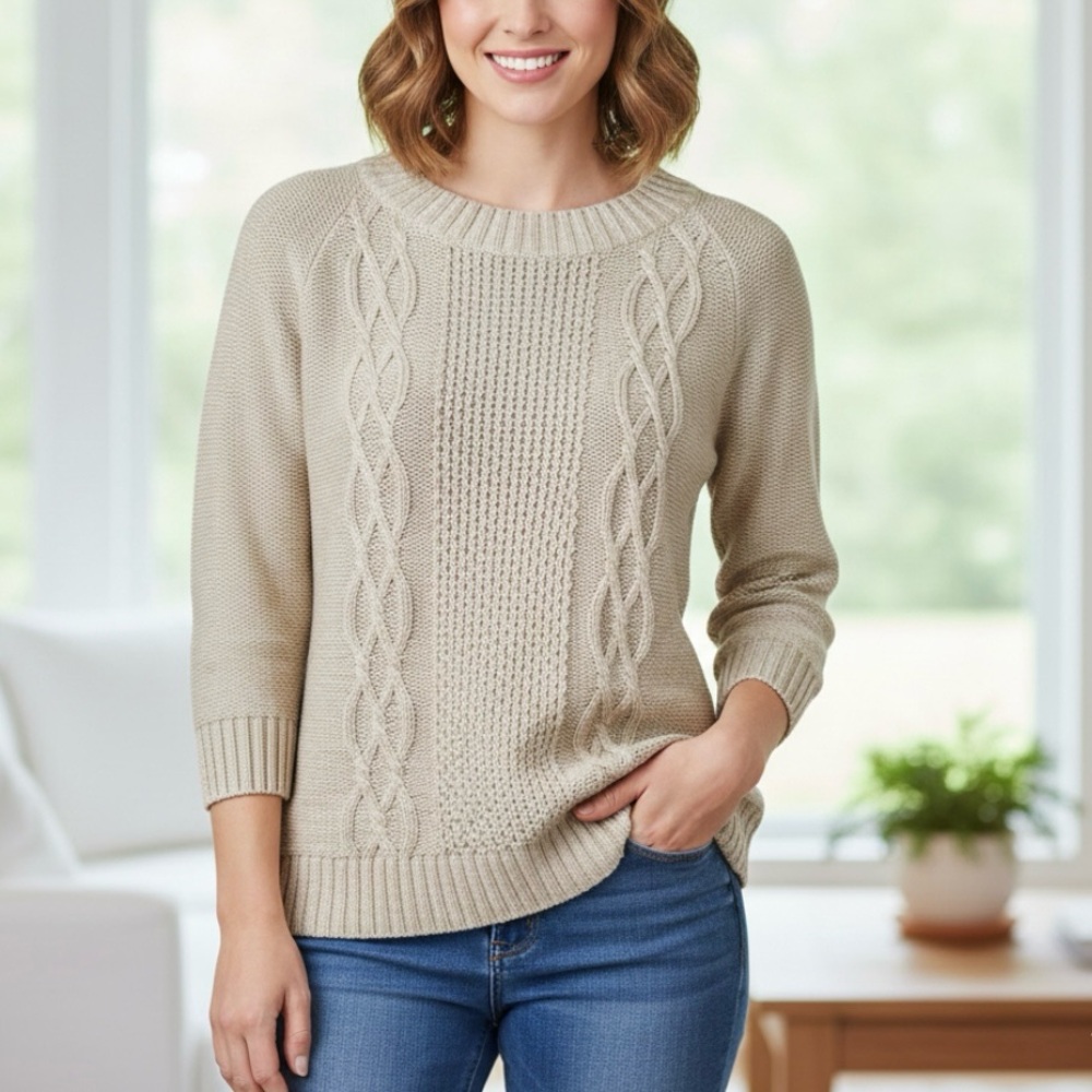 LL Bean Womens Beige Neutral 3/4 Sleeve Fisherman Cable Sweater Size‎ XS